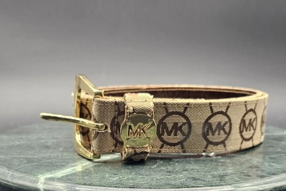 Michael Kors Signature Monogram Logo Canvas Leather Belt Gold Buckle Size L